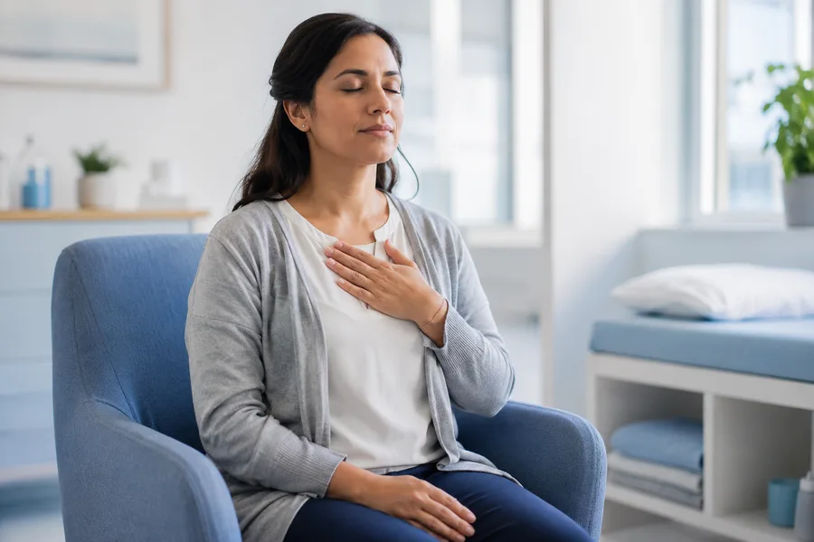Persona practicando respiración calmada, con una mano en el pecho